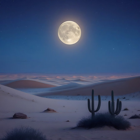 A large, luminous full moon dominates the dark blue night sky, casting a soft glow over a vast desert landscape. Rolling sand dunes stretch towards the horizon, with a few scattered rocks and sparse desert vegetation, including two prominent saguaro cacti in the foreground. Tiny stars are visible in the upper reaches of the sky, adding to the serene and remote atmosphere of the arid environment.の素材