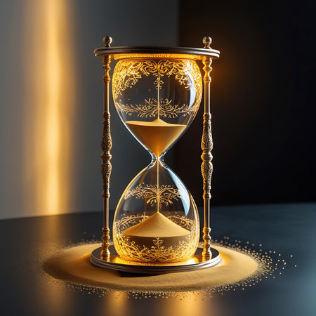 Delicate showing golden hourglass with sand pouring and scattered grains. High resolution image suitable for commercial use. Clear details and vibrant colors enhance visual appeal.の素材