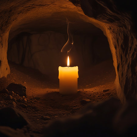 A hand is reaching towards the flame of a lit candle placed on a rocky surface inside a dark cave. The warm light of the candle casts shadows and highlights the rough textures of the cave walls and the ground. The gesture suggests seeking light, guidance, or interaction within the mysterious, dark environment.の素材