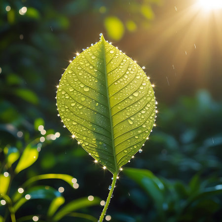 A vibrant green leaf is covered in numerous sparkling water droplets, catching the sunlight. A strong sun flare and rays emanate from the upper right, creating a bright, luminous effect and casting a warm glow. The background is softly blurred with bokeh lights, highlighting the intricate details of the leaf.の素材