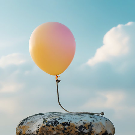 A smooth, round balloon with a gradient of pink to orange colors is attached by a dark rope to a large, textured rock. The rock's surface is rough and mottled. The background is a soft blue sky with scattered white clouds, suggesting a bright but slightly overcast day. The balloon appears to be gently floating, held by the rope to the rock.の素材