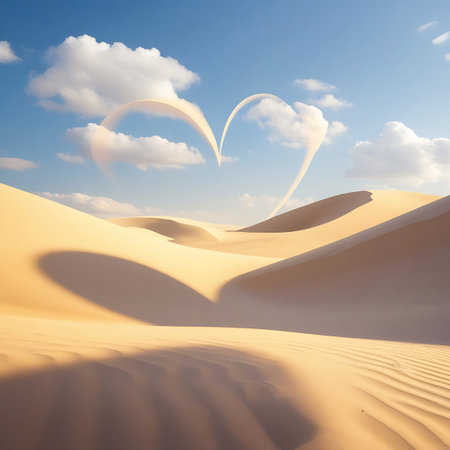 A delicate heart shape formed by wispy clouds floats in a bright blue sky above rolling desert sand dunes. The soft morning light casts long shadows across the rippled sand, highlighting the undulating landscape. The ethereal cloud formation, combined with the serene desert scenery, creates a unique and romantic visual, blending natural elements into a symbolic representation of love.の素材