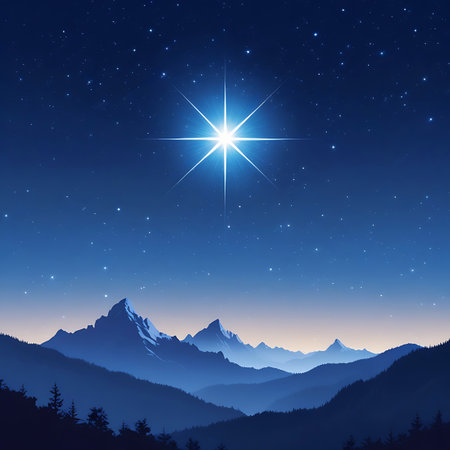 A luminous, eight-pointed star with a bright white and blue glow dominates the dark blue night sky. Below, a series of blue mountain ranges with snow-capped peaks are silhouetted against a soft gradient of twilight colors near the horizon. Small stars dot the sky.の素材