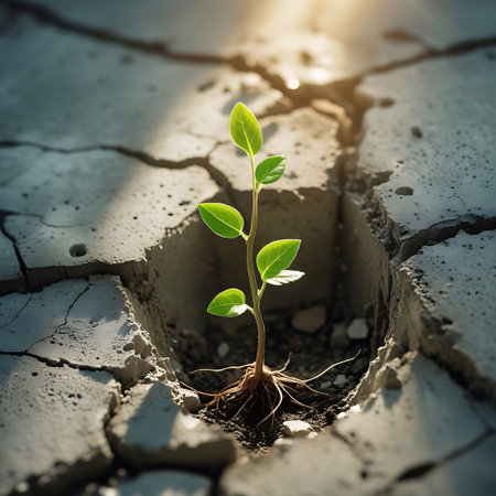 A young green plant, its roots exposed, emerges from a narrow fissure in a cracked concrete surface. Golden sunlight filters from above, highlighting the plant's leaves and the rough texture of the concrete. The image captures a moment of growth and resilience against a seemingly barren and harsh environment.の素材