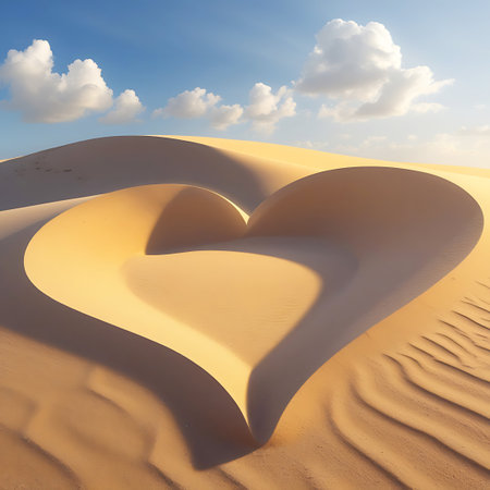 A striking heart-shaped formation sculpted in the soft sand of a desert dune. The golden sand is shaped by the wind, creating smooth curves and gentle ripples. Above, a clear blue sky is adorned with fluffy white clouds, casting subtle shadows that enhance the three-dimensional form of the sand heart. This natural artwork evokes a sense of peace and romantic beauty in an arid landscape.の素材