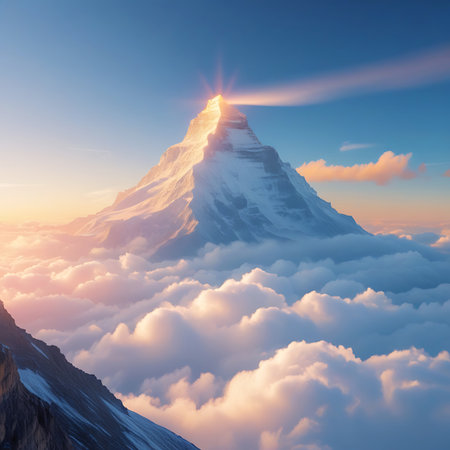 An iconic, sharply defined snow-covered mountain peak is bathed in the brilliant golden light of a sunrise, rising majestically above a thick blanket of soft, pink-tinged clouds. The sun's rays create a dramatic halo effect around the summit, highlighting its rugged contours and icy surfaces. The sky transitions from a deep blue to warm oranges and pinks near the horizon. The vast expanse of clouds below creates a sense of immense scale and isolation, evoking feelings of awe, triumph, and...の素材