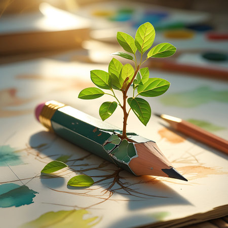A close-up shot shows a green pencil that has been broken, with a vibrant green sprout and leaves emerging from the crack. The pencil lies on a sketchbook with faint watercolor marks and pencil lines. The scene symbolizes growth, creativity, and the merging of nature with artistic tools. The lighting is warm and soft, highlighting the details of the sprout and pencil.の素材