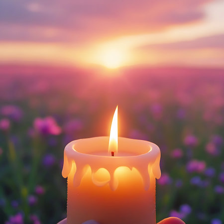 A single, lit candle with a warm, glowing flame is held in the foreground. The candle wax is slightly melted and dripping. The background is a soft-focus field of purple and pink flowers, with a beautiful sunset or sunrise sky in the distance. The warm light of the candle contrasts with the soft colors of the natural landscape, creating a serene and contemplative atmosphere.の素材