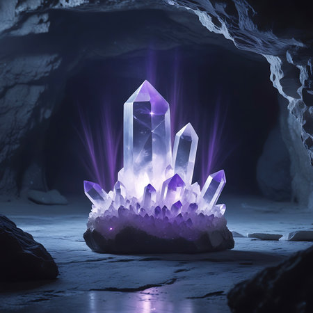 A magnificent cluster of clear quartz crystals sits atop a base of vibrant purple amethyst within a dimly lit cave. The crystals are brightly illuminated, emitting a powerful glow and distinct purple light rays that fan outwards. The surrounding cave walls are rough and shadowed, creating a dramatic contrast with the luminous crystal formation. Small light particles are visible in the air, adding to the magical atmosphere.の素材