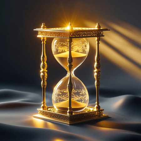 Delicate showing luxurious golden hourglass with ornate details on silken surface. High resolution image suitable for commercial use. Clear details and vibrant colors enhance visual appeal.の素材