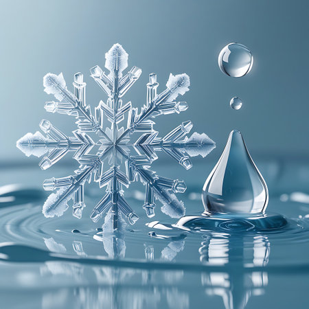 A detailed, intricate snowflake with crystalline structures rests on a calm surface of blue water. The snowflake is sharp and clear, showcasing its unique geometric pattern. Around the snowflake, ripples spread outwards from where it touches the water. Several water droplets are suspended in the air above and beside the snowflake, with one larger drop forming a splash on the water's surface. The lighting is soft and cool, emphasizing the transparency and fragility of the ice and water.の素材