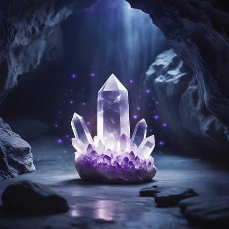 A prominent clear quartz crystal cluster, with sharp facets and internal refractions, rests on a base of smaller purple amethyst crystals. The entire formation is illuminated from within and above, casting a soft glow and subtle light rays into the surrounding dark cave. Tiny sparkling particles float in the air around the crystals, enhancing the magical and ethereal ambiance.の素材