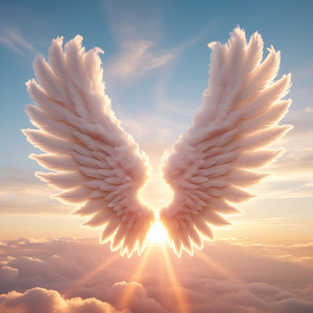 A pair of prominent, white, feathered angel wings are displayed centrally against a bright sunrise or sunset sky. The sun shines intensely from behind the wings, emitting strong, visible sun rays that pierce through the surrounding soft, golden-tinged clouds. The scene evokes a sense of divine presence, hope, and ethereal beauty.の素材
