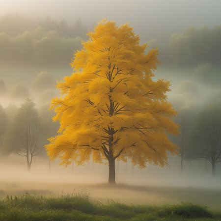 A striking tree adorned with vibrant yellow and golden leaves is positioned in the center of a foggy autumn forest clearing. The surrounding trees are obscured by a soft, pervasive mist, creating a sense of depth and mystery. The foreground features green grass, suggesting a damp, cool environment. The warm hues of the tree contrast with the cool, muted tones of the misty background.の素材
