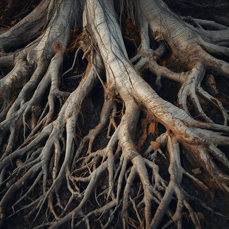 An extreme close-up reveals a complex and intricate network of large, gnarled tree roots. The roots are exposed, showing their weathered texture, intertwined branches, and organic patterns. The muted colors of grey and brown, along with the dark soil, create a sense of age and natural strength.の素材