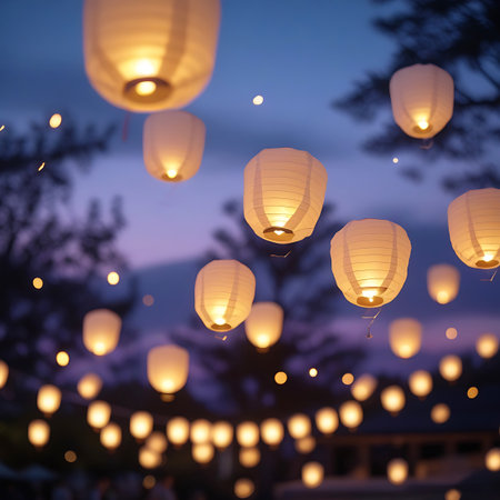 Numerous white paper lanterns, illuminated from within with a warm yellow glow, float in the twilight sky. The deep blue and purple hues of dusk create a dramatic backdrop, with silhouetted trees visible in the background. Some lanterns are clustered together, while others are scattered, creating a festive and magical atmosphere. Small bokeh lights add to the dreamy ambiance.の素材