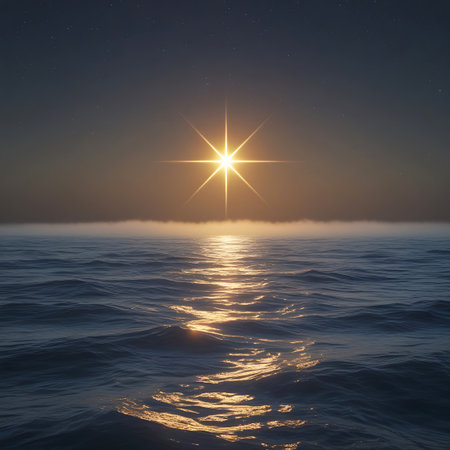 A bright, star-like object with eight prominent points illuminates the dusky sky above a dark, rippling ocean. Its light casts a golden reflection across the water's surface. A soft, hazy mist stretches across the horizon, creating a sense of depth and mystery. The sky is a deep gradient of color, transitioning from a lighter hue near the horizon to a darker tone with scattered stars above.の素材