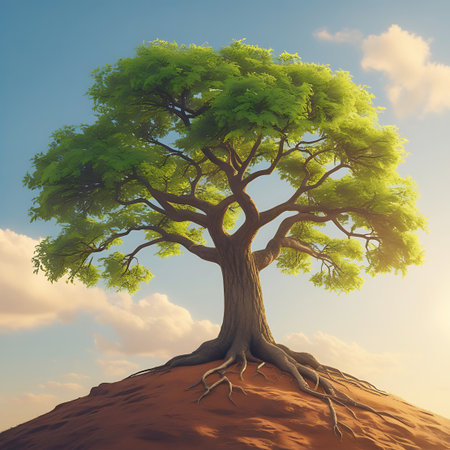 Hilltop showing lush green tree with visible roots on a reddish hilltop. High resolution image suitable for commercial use. Clear details and vibrant colors enhance visual appeal.の素材