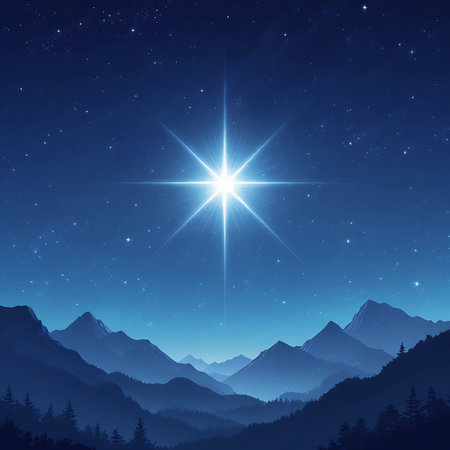 A prominent, eight-pointed star with a brilliant white and blue luminescence shines in the deep blue night sky. Beneath it, a silhouette of layered blue mountain ranges extends across the landscape, with the closest trees appearing dark and defined.の素材