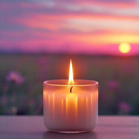 A lit candle in a frosted glass jar sits on a surface. The flame is bright orange and yellow. The background is a blurred sunset sky with hues of pink, purple, and orange, creating a warm and tranquil atmosphere.の素材