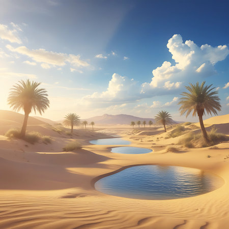 A wide desert vista featuring two distinct oases with calm, reflective water surrounded by soft, golden sand dunes. Numerous palm trees are scattered throughout the landscape, with a range of mountains visible in the distant haze. The bright blue sky is dotted with fluffy white clouds, and the sun's rays create a warm, inviting glow.の素材
