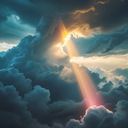 A dramatic sky filled with dark, stormy clouds is pierced by brilliant sunbeams. The light streams down, casting a golden and orange glow through the clouds, creating a sense of hope and wonder. The contrast between the dark clouds and the radiant light is striking.の素材