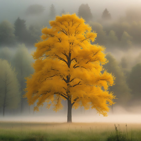 A single, large tree with a dense canopy of brilliant golden-yellow leaves is the focal point in a foggy forest meadow. The surrounding landscape is softened by a thick, atmospheric mist, with hints of distant trees and hills visible. The ground is covered in green grass, and the light is diffused and gentle, creating a serene and tranquil mood. The vibrant color of the tree stands out against the muted, hazy background.の素材