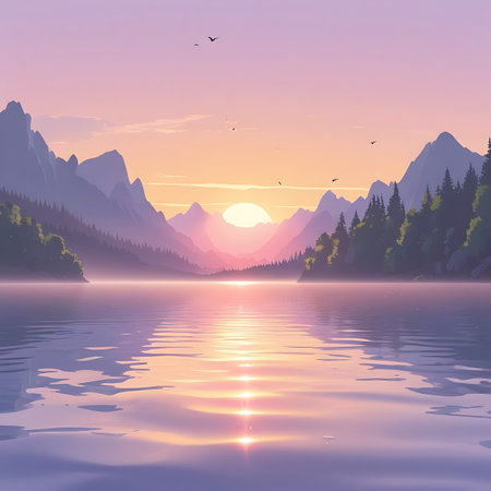 The sun dips below the jagged peaks of a mountain range, casting a warm, golden glow across the sky and reflecting on a calm lake. The water's surface is gently rippled, mirroring the pastel colors of the twilight sky and the dark silhouettes of the surrounding pine trees. A few birds are visible in the distance, adding a touch of life to the serene landscape.の素材