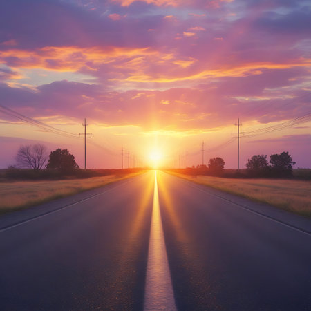 A straight, empty asphalt road stretches towards a vibrant sunset. The sky is filled with dramatic clouds in shades of orange, purple, and yellow, illuminated by the bright sun. Rays of light emanate from the sun, creating a strong visual line down the center of the road. Power lines and poles run along both sides of the road, disappearing into the distance. The surrounding landscape is a field of dry grass, with a few scattered trees.の素材