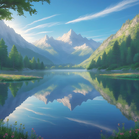 A majestic mountain range with snow-capped peaks is vividly reflected in the calm, blue waters of a lake. Green, tree-covered hillsides flank the scene, and a bright blue sky with scattered white clouds completes the picturesque view. The foreground shows a grassy bank with colorful wildflowers, creating a serene and tranquil natural landscape.の素材