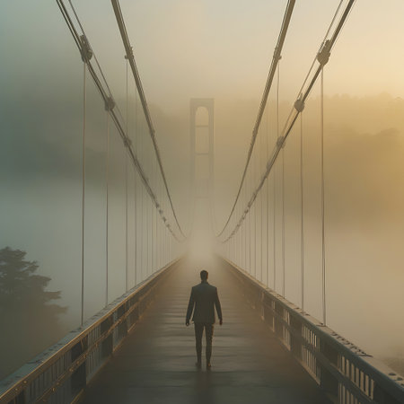 A lone man in a dark suit walks away from the viewer down the center of a suspension bridge. Thick fog obscures the surrounding landscape and the far end of the bridge, where a distant tower structure is faintly visible. The bridge's suspension cables stretch upwards and outwards, disappearing into the atmospheric haze. The lighting suggests early morning or late afternoon, casting a warm glow on the scene.の素材