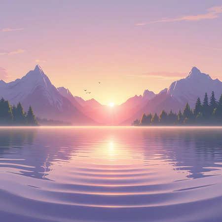 A serene sunrise bathes the sky in soft pink and orange hues, with the sun peeking through a gap in the majestic mountain range. The snow-capped peaks are beautifully reflected in the still, glassy surface of the lake below. Gentle ripples disturb the water's reflection, and a few birds are seen soaring in the tranquil morning sky.の素材