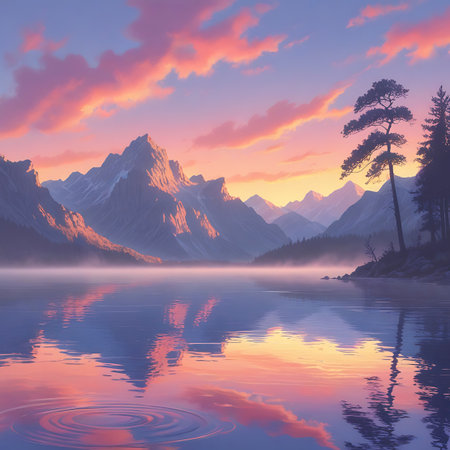 The foreground of this image shows gentle ripples disturbing the surface of a calm lake, with concentric circles spreading outwards. In the background, a mountain range is silhouetted against a vibrant sunset sky filled with pink, orange, and purple clouds. The mountains and trees are reflected in the water, creating a symmetrical and peaceful natural scene.の素材