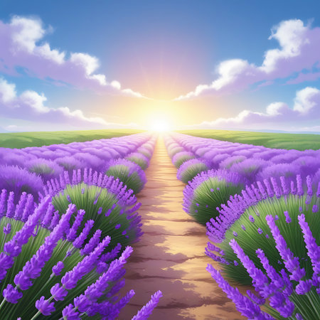 An illustrated lavender field with rows of purple flowers and green bushes leads to a bright, setting sun. A dirt path runs through the center of the field, with scattered clouds in the blue sky above. The scene evokes a sense of peace and natural beauty.の素材