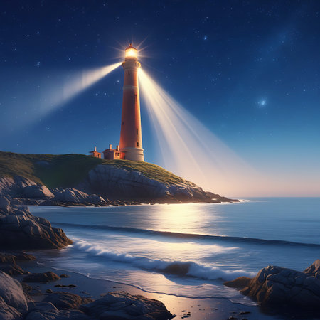 A classic red brick lighthouse is perched on a grassy, rocky hill overlooking the ocean at night. Its bright light emits multiple beams, fanning out across the dark sky and illuminating the sea. The ocean reflects the lighthouse's glow, creating a path of light on the water. The sky above is a deep indigo, densely populated with bright stars. Gentle waves wash onto the sandy and rocky shore in the foreground.の素材