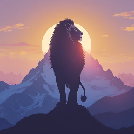 The silhouette of a majestic lion stands proudly on the highest peak of a mountain range. The setting or rising sun, a large, luminous orb, is positioned behind the lion, casting a warm, colorful glow across the sky and the layered mountain landscape. The lion faces away from the viewer, gazing towards the horizon.の素材