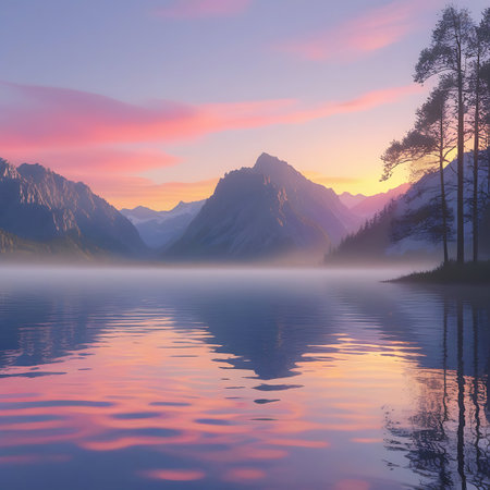 A breathtaking landscape featuring a calm lake reflecting the vibrant pastel hues of a sunset sky. Majestic mountains rise in the background, partially shrouded in mist, with silhouetted pine trees on the right bank. The water's surface mirrors the pink, purple, and orange clouds and the imposing peaks, creating a scene of profound tranquility and natural beauty.の素材