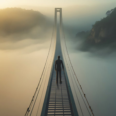 The silhouette of a lone man stands in the center of a long suspension bridge, looking towards the distant towers. The bridge spans across a vast expanse of thick fog or mist that obscures the mountains below. The sky is illuminated by a soft, golden light, creating an atmospheric and contemplative scene.の素材