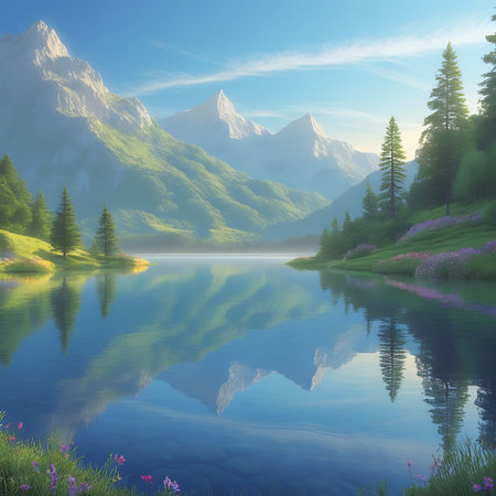 A breathtaking alpine lake perfectly mirrors the surrounding majestic snow-capped mountains and lush green hillsides. Tall pine trees dot the landscape, and a clear blue sky with wispy clouds stretches overhead. The foreground features a grassy bank with scattered wildflowers, adding a touch of color to the tranquil and serene natural scene.の素材