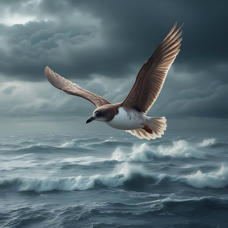 A seagull is captured in mid-flight, soaring gracefully over a turbulent ocean. Its wings are fully spread, showcasing its form against a backdrop of dark, choppy waves and an overcast, grey sky. The image conveys a sense of wildness and the power of nature.の素材