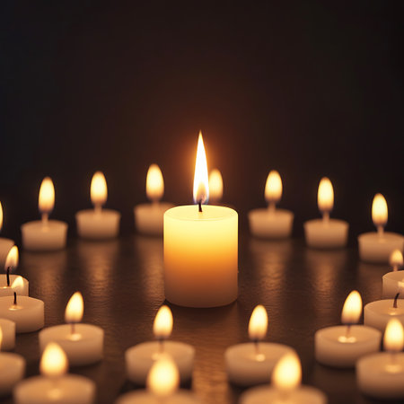 A single, bright yellow flame from a lit candle stands out in the center of the frame, surrounded by a large group of unlit candles. The candles are arranged in a circular pattern on a dark, reflective surface. The background is completely dark, emphasizing the light and warmth emanating from the central candle and the subtle glow of the surrounding wicks.の素材