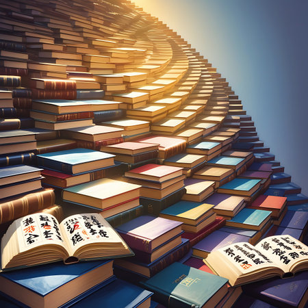 An elaborate staircase is constructed entirely from stacks of books. The books, in various colors and sizes, form the steps that curve and ascend towards a bright, glowing light source at the top. An open book with intricate calligraphy is placed at the bottom of the stairs, inviting the viewer on a journey of knowledge.の素材