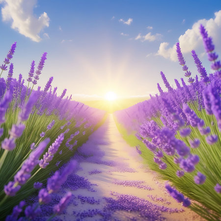 A pathway made of dirt cuts through a vibrant lavender field, with rows of blooming purple flowers on either side. Sunlight streams down, casting shadows and highlighting the textures of the plants. The blue sky above is dotted with white clouds, creating a serene and picturesque natural scene.の素材