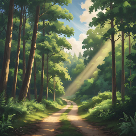 Sunbeams dramatically stream through the forest canopy, casting bright rays onto a winding dirt path. Tall, green trees with dense foliage line the path, with ferns and undergrowth visible on the sides. The interplay of light and shadow creates a serene and atmospheric woodland scene.の素材