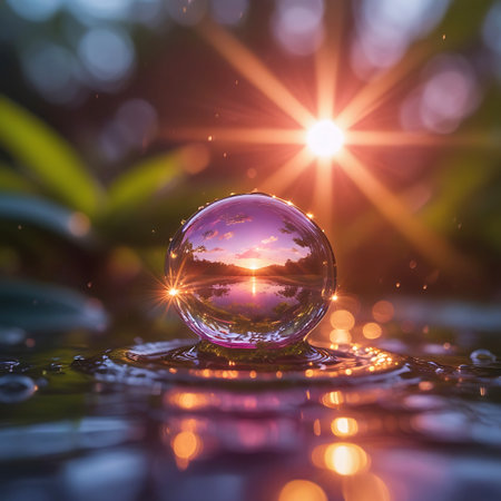 A close-up macro shot captures a single water droplet resting on the surface of water. The droplet acts as a lens, reflecting a vibrant sunset sky with colorful clouds and a prominent sunburst. The surrounding water has ripples and reflects the warm light, creating a bokeh effect with out-of-focus circles of light. Green foliage is visible in the blurred background, enhancing the natural setting.の素材