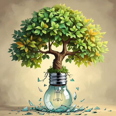 A tree with abundant green and yellow leaves grows from the metal base of a light bulb, with the glass bulb intact but surrounded by shattered glass fragments. The roots of the tree are visible within the bulb, and the filament of the bulb is also discernible.の素材