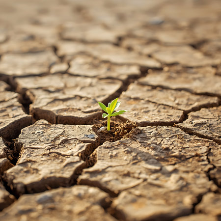 A single, small green sprout with two leaves pushes through the parched, cracked surface of dry earth. The ground is deeply fissured, showing the arid conditions. Sunlight illuminates the scene, highlighting the texture of the dry soil and the vibrant green of the young plant.の素材