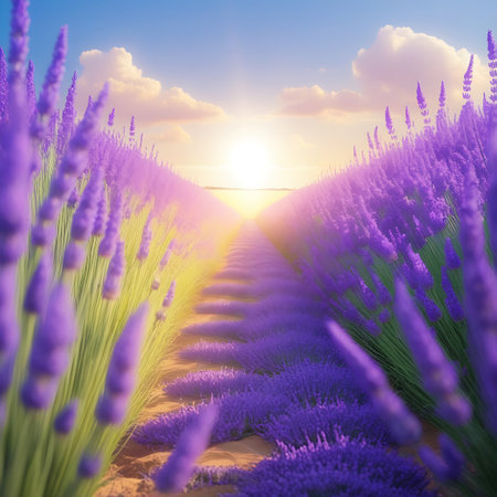 Close-up view of a lavender field with rows of blooming purple flowers and green stalks. A sandy path winds through the field, illuminated by soft sunlight and sun rays. The sky above is blue with scattered clouds, creating a peaceful and picturesque natural landscape.の素材