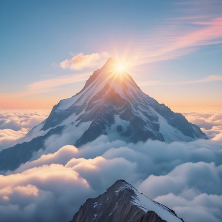A dramatic sunburst emanates from behind a majestic, snow-covered mountain peak that rises triumphantly from a dense sea of clouds. The rising sun's rays create a starburst effect, illuminating the icy slopes and casting a warm, golden light. The clouds below are tinged with soft pinks and oranges from the dawn sky, contrasting with the deep blue above. The overall scene is breathtaking, conveying a sense of achievement, aspiration, and the raw, powerful beauty of high-altitude nature.の素材