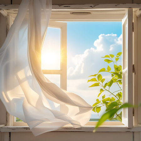 A charming wooden window is open, allowing bright sunlight to pour in. Delicate white curtains billow and flow with a gentle breeze. The view outside is a clear blue sky dotted with white clouds. A vibrant green plant with leaves is positioned near the window, adding a natural element. The scene evokes a sense of freshness and openness.の素材